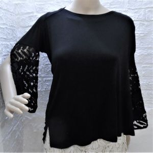 Cyus Black Knit Top with Crochet Long Sleeves NWT